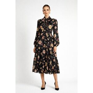 Studio Park Floral Tie Neck Long Sleeve Tiered Midi Dress Black Size S NWOT